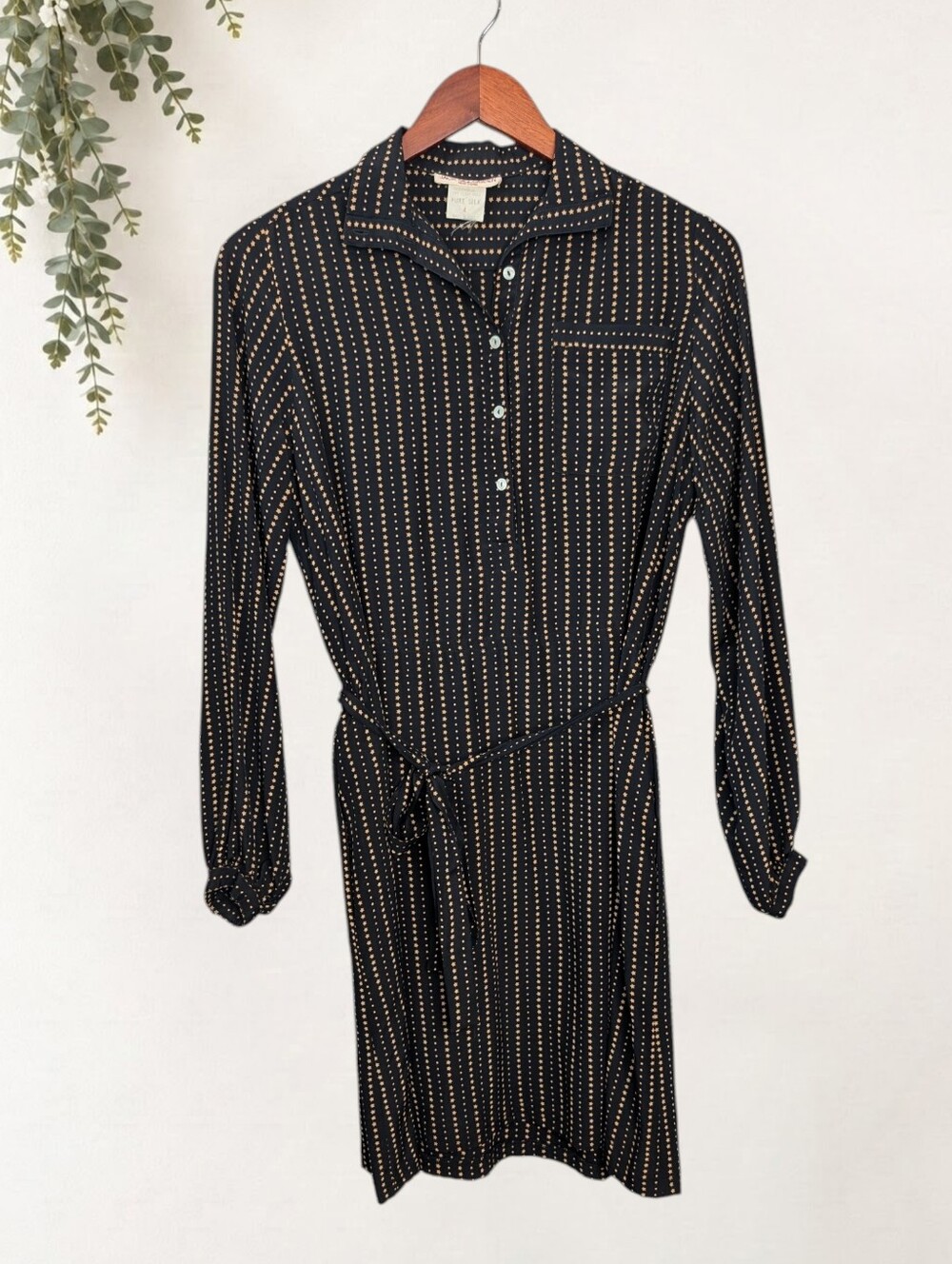 Jack Mulqueen Star Striped Black Silk Shirt Dress Vintage 4